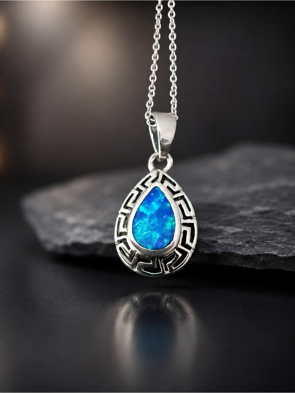 Sterling Silver Lab Created Opal Pendant Necklace 925🔥